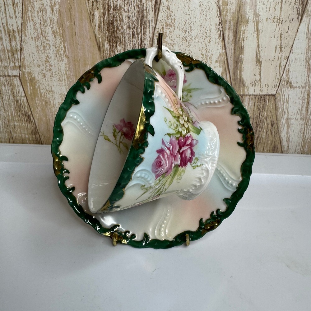 Weimar Germany Porcelain Tea Cup and Saucer Set Pink Rose Green Gold Trim
